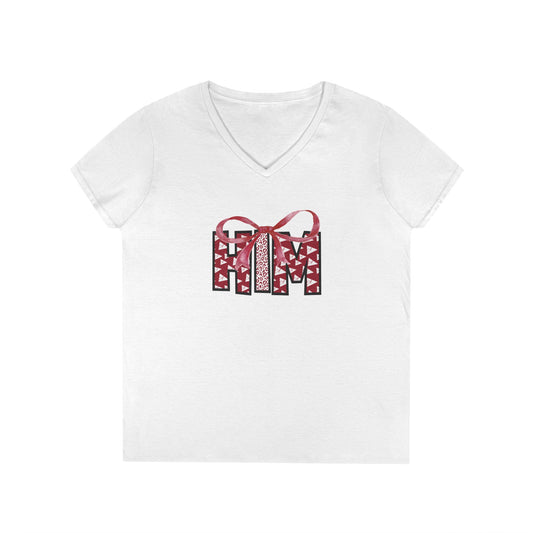 Ladies' V-Neck T-Shirt with Heart Pattern, Cute Graphic Tee, Gift for Her, Casual Outfit, Valentine's Day Top, Fashion for Women